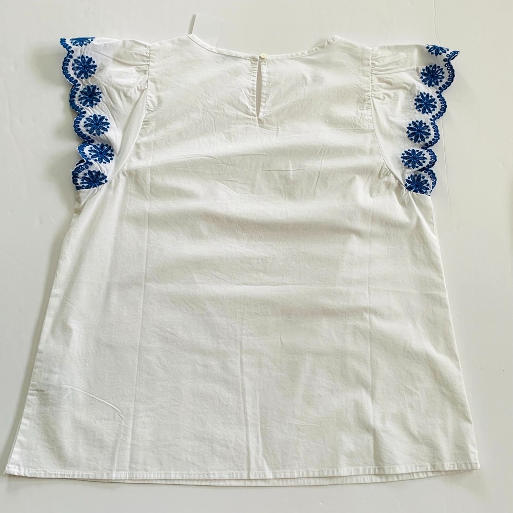 NWT J Crew Embroidered Top Small 2 4 6 Floral Scalloped White Blue Cotton Poplin - Picture 3 of 7